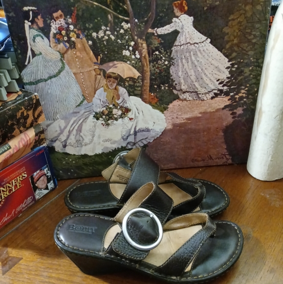 Born Emmy Black Leather Platform Wedge 👡Open Toe Sandals Womens Sz US 9. - Picture 2 of 12